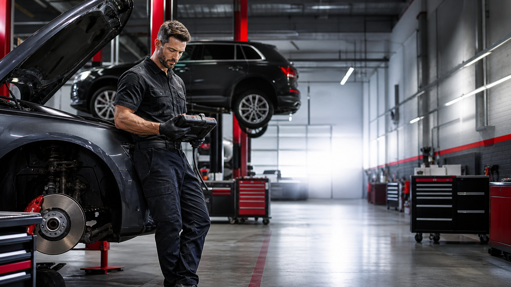 Auto mechanic standing in a modern repair bay with a diagnostic scanner.