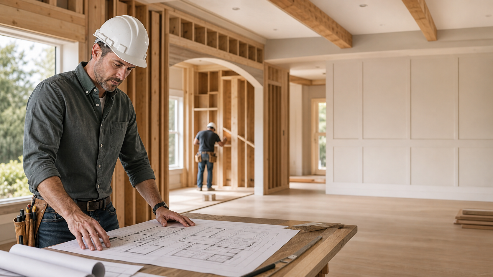 Construction manager reviewing plans inside a framed home project.