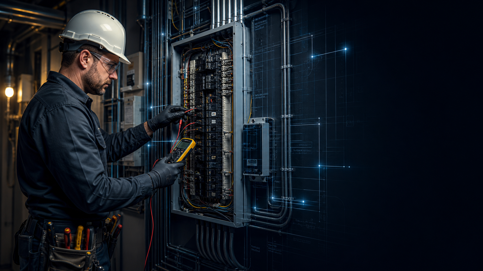 Electrician testing a panel with technical blueprint overlays.