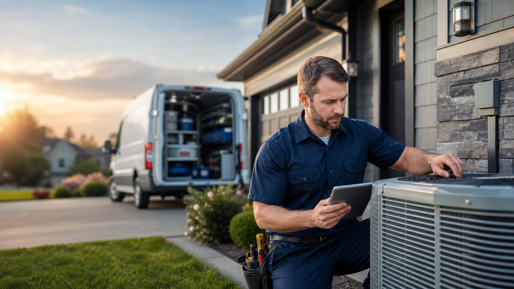 HVAC technician inspecting an outdoor condenser unit.