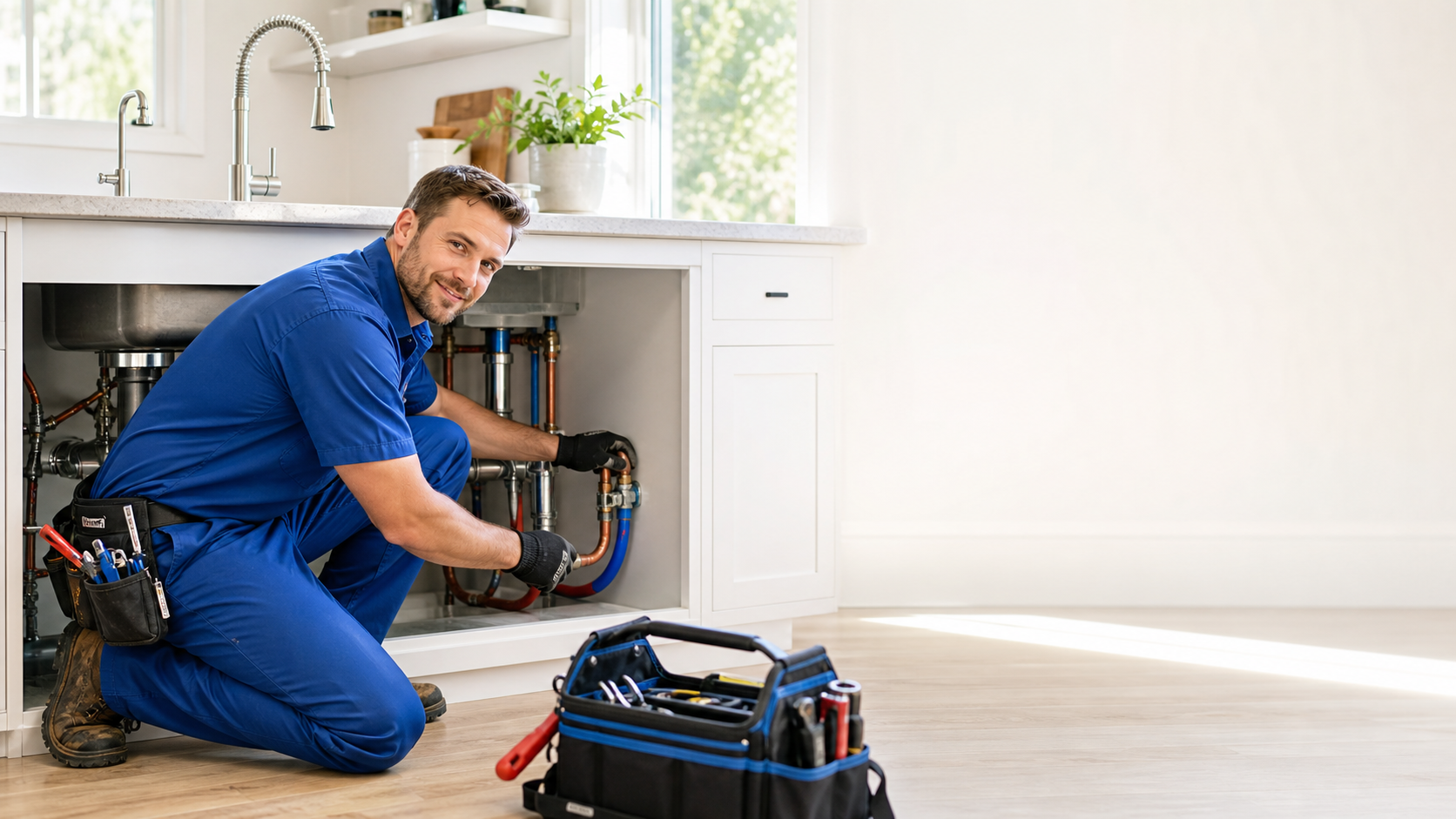 Plumber working under a kitchen sink in a bright home interior.