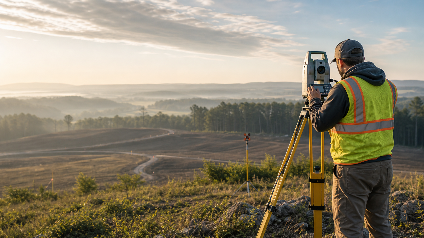 Surveyor operating a total station on a large open property.